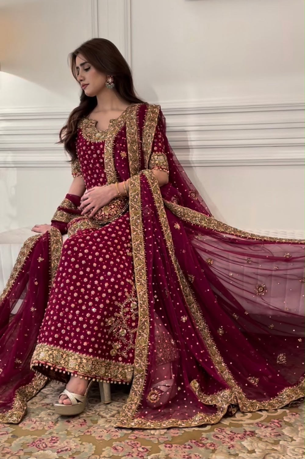 Haris Shakeel Addawork Formal Wedding Collection – Aisha Margenta | Premium Embroidered Chiffon 3 Piece Suit with 4-Sided Embroidered Dupatta