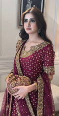 Haris Shakeel Addawork Formal Wedding Collection – Aisha Margenta | Premium Embroidered Chiffon 3 Piece Suit with 4-Sided Embroidered Dupatta