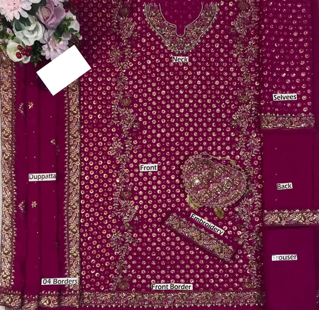 Haris Shakeel Addawork Formal Wedding Collection – Aisha Margenta | Premium Embroidered Chiffon 3 Piece Suit with 4-Sided Embroidered Dupatta