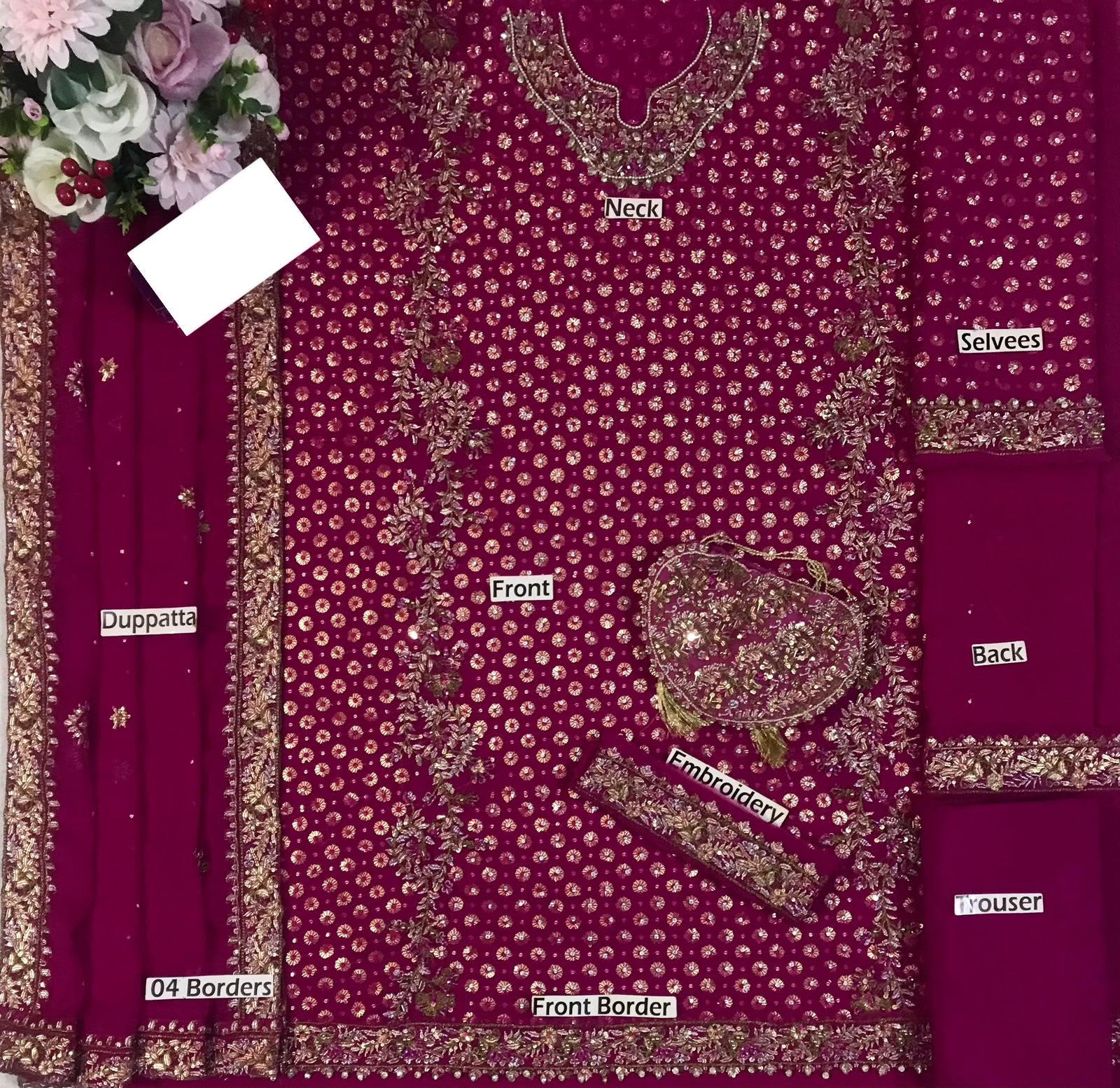Haris Shakeel Addawork Formal Wedding Collection – Aisha Margenta | Premium Embroidered Chiffon 3 Piece Suit with 4-Sided Embroidered Dupatta